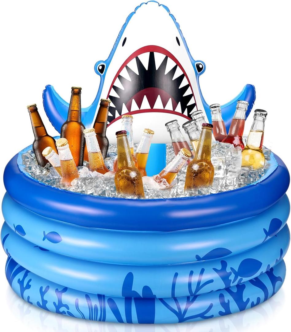 Bencailor Shark Party Decorations Shark Theme Birthday Inflatable Cooler Blow Up Drink Cooler Reusable Floating Ice Chest Summer Ocean Theme Pool Drink Holder for Holiday Party Supplies (Blue)