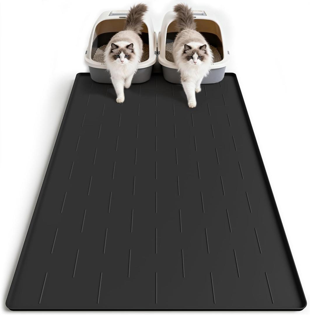 Pieviev Silicone Cat Litter Trapping Mat, 40''x28'' Extra Large Cat Litter Mat, Easy to Clean & Soft on Kitty Paws, Waterproof Kitty Litter Pads for Indoor Cats, Black