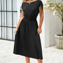 Newshows Womens 2025 Summer Drawstring Cap Sleeve Boat Neck Smocked Casual Vacation Outfits Vestidos Midi Dress (Black, S)