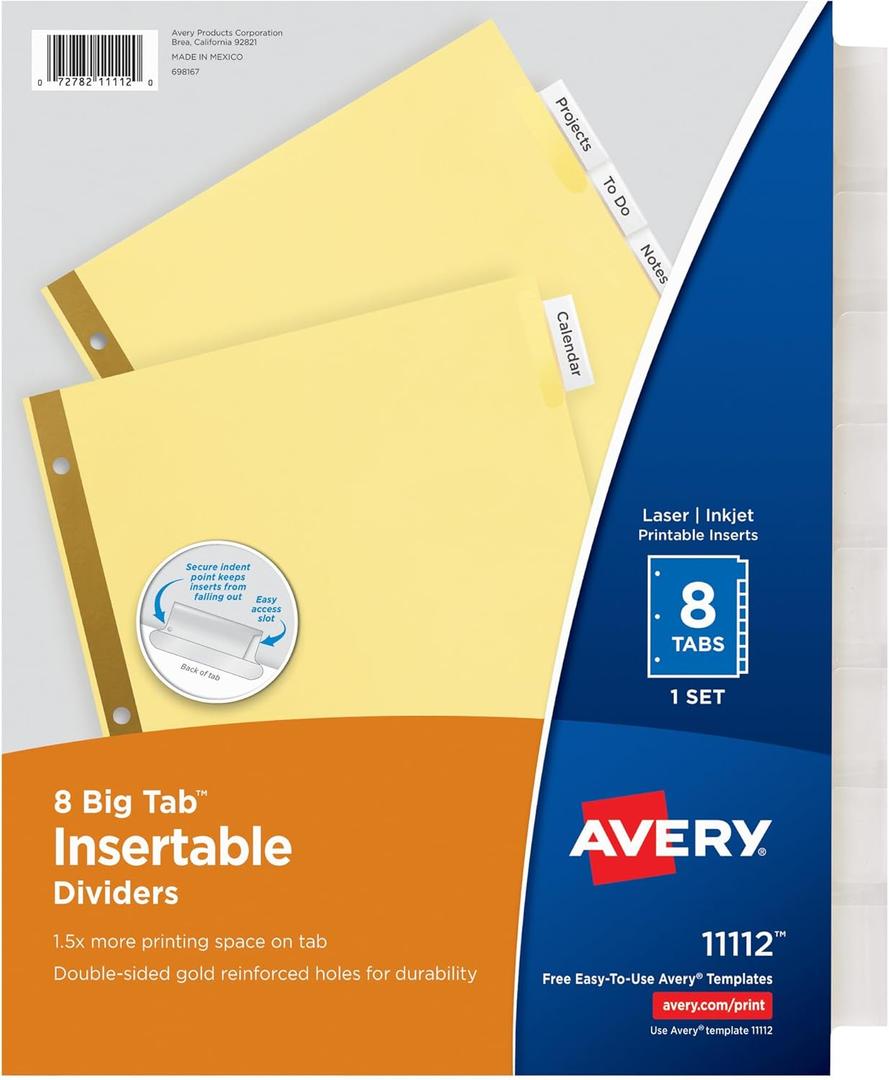 Avery 8-Tab Binder Dividers, Insertable Clear Big Tabs, 1 Set (11112)