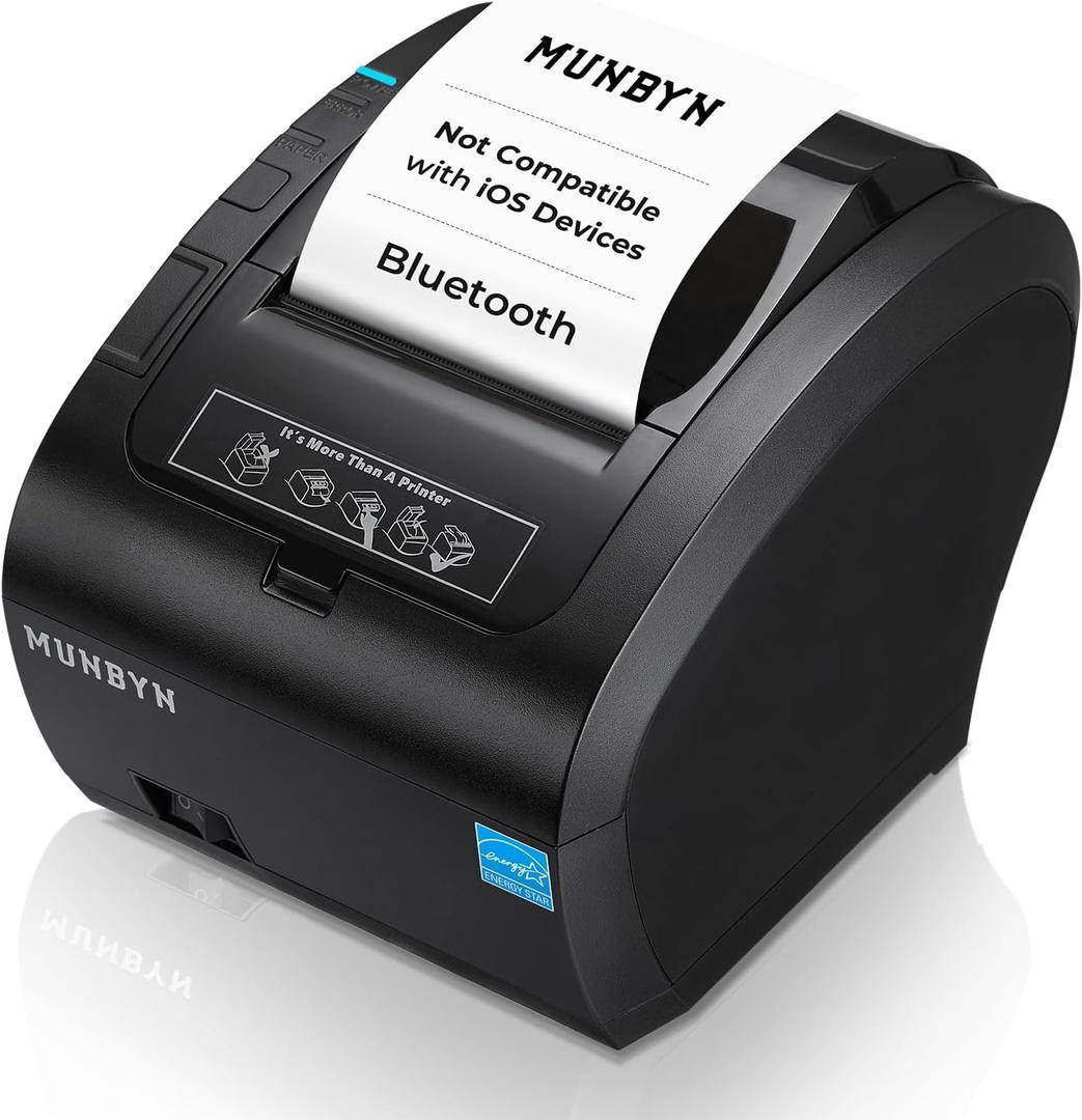 MUNBYN Bluetooth Thermal Receipt Printer P047, 80mm POS Printer, Thermal Printer with USB Serial Ethernet, Bluetooth, Support Android Windows PC (Do Not Support iOS Paypal Doordash Grubhub Vagaro) (Black)