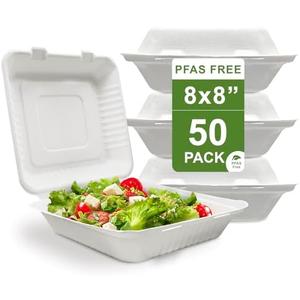 [50 COUNT] Harvest Pack 8 X 8 inch White Compostable Square Hinged Container, Disposable Single Compartment Clamshell Takeout Box, Made from Eco-Friendly Bagasse Plant Fibers, No PFAS Added