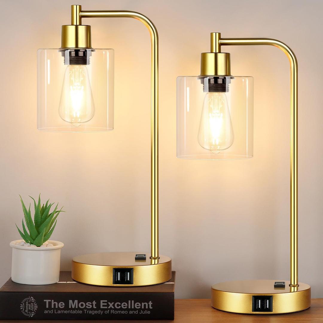 Industrial Touch Control Table Lamps Set of 2 - Gold Nightstand Bedside Lamps with 2 USB Ports & AC Outlet, 3-Way Dimmable Desk Lamp for Bedroom Living Room, Glass Shade & 2 LED Bulbs Included