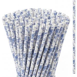 Honeydak 50 Pieces Blue and White Floral Reusable Straws Bulk 9" Floral Hard Plastic Drinking Straws for Beverage Cocktail Mason Jar Tumbler Birthday Wedding Tea Party Supplies