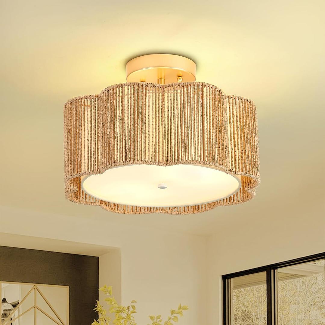 13 Inch Rattan Flush Mount Ceiling Light Fixtures 2-Light Boho Light Fixtures for Bedroom,Close to Ceiling Light Modern for Hallway Kitchen Entryway Dining Room