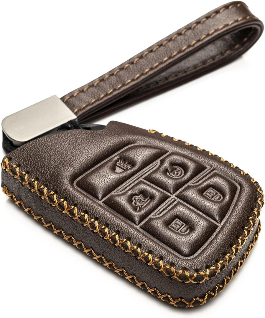 Vitodeco Genuine Leather Smart Key Fob Case with Leather Key Strap - Compatible with Chevrolet Suburban & Tahoe 2025, Silverado 2025 (5-Button, Brown)
