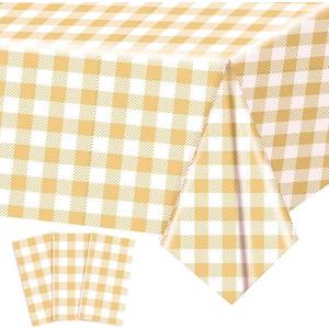 3 Pack Brownish-Yellow and White Gingham Tablecloths, 54 X 108Inch Disposable Party Table Covers Scalloped Brownish-Yellow and White Checkered Tablecloth