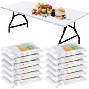 Boao 12 Pcs Plastic Table Cloths Disposable for Parties Picnic Table Covers with Fall Elastic Fitted Elastic Cover Rectangle Waterproof for Thanksgiving Christmas Picnic (6 Ft, 72 x 30 Inch, White)