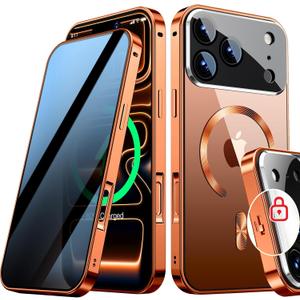 [Full Camera Protection& Mechanical Lock]Magnetic Privacy Case for iPhone 17 Pro Max[Compatible with MagSafe] [CD Metal Ring]Full Body Shockproof Metal Bumper, 9H Anti Peeping Glass Cover-Orange