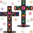 Pinkunn 2 Pcs Mexican Cross Day of The Dead Altar Decor Wooden Table Centerpiece Dia De Los Muertos Cross 8.7 x 11.8 Floral Spanish Crucifix Tabletop Centerpiece for Halloween Mexican Decor