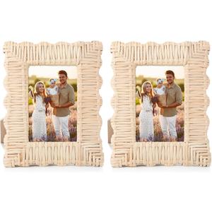 Lineshading 2 Pack Scalloped Woven Wicker Picture Frame 4 x 6 Inch Rattan Photo Frame for Wall Tabletop Display Home Decor Accessories Gifts for Family Friends