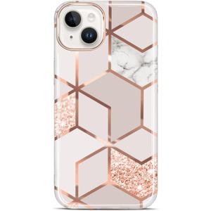 JAHOLAN Designed Case for iPhone 15 Plus Sparkle Glitter Plating Marble Protective Shockproof Slim Hard Back Cover Phone Case for iPhone 15 Plus Rose Gold