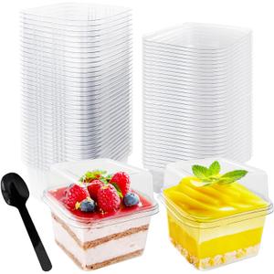 Alaeseje 60 Pack 8 oz Plastic Dessert Cups with Lids and Spoons, Square Parfait Cups Disposable Cake Containers with Lid for Ice Cream, Pudding, Yogurt Fruit, Mousse
