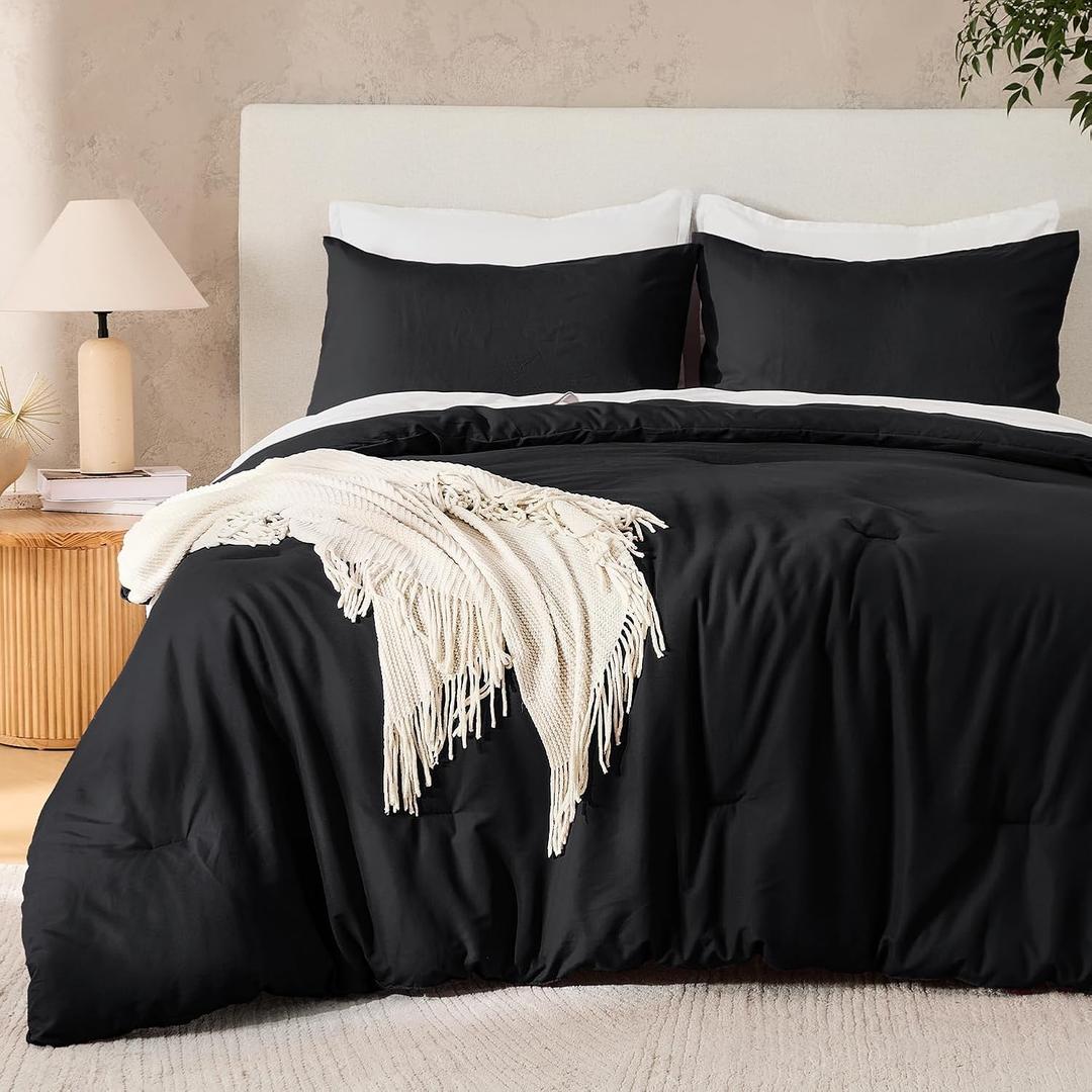 Andency Black Comforter Set Queen, 3 Pieces Lightweight Solid Bed Comforter for Men Women, All Season Soft Microfiber Down Alternative Comforter Set (Queen (90"x90"))
