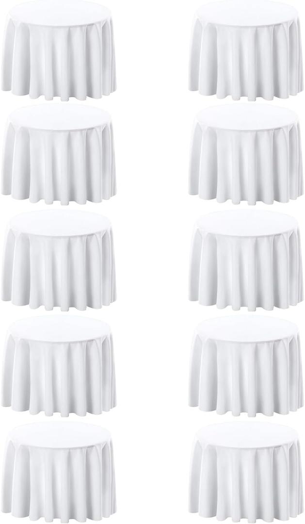 Surmente 10 Pack White Tablecloth for Round Tables, 132-inch Round Table Cloths for Weddings, Banquets, or Restaurants