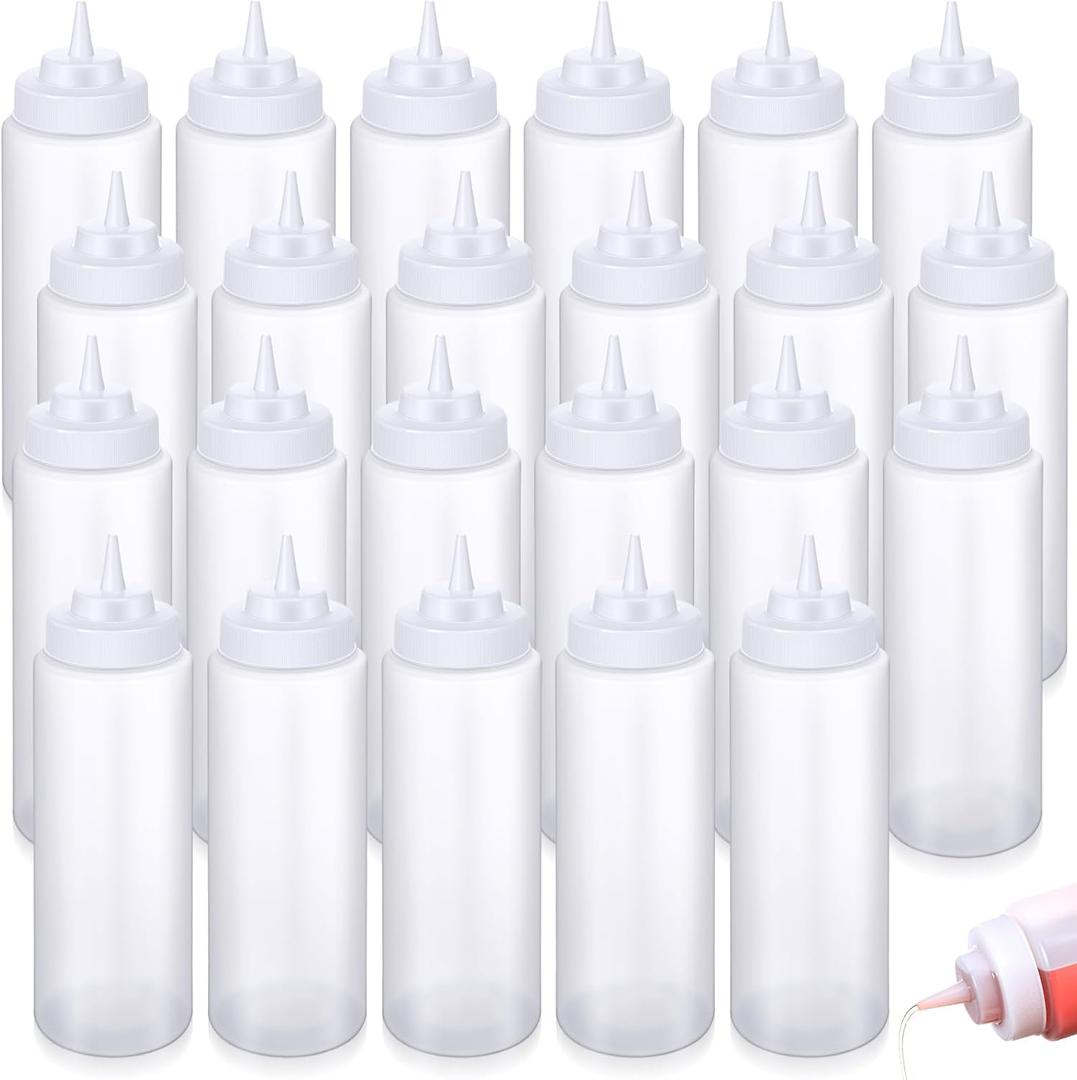 24 Pcs 32 oz Squeeze Bottle Large Plastic Wide Mouth Squeeze Bottles for Condiment Sauces Chocolate Ketchup Mustard BBQ Grill Restaurant (Clear)