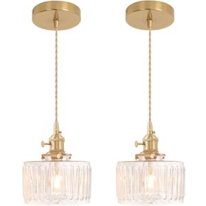 Pendant Light 2 Pack with Clear Striped Glass Lmapshade, Brass Vintage Pendant Light Adjustable Hanging Light for Kitchen Island Dining Room Hallway