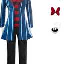 SHIKI Men Anime Hotel Vox Cosplay Costume Blue Striped Suit Uniform Jacket Pants Hat Gloves Halloween Outfit (3X-Large)