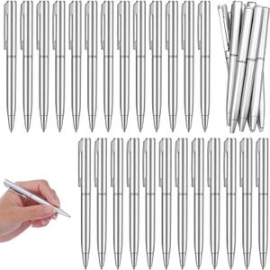 100 Pieces Silver Slim Metal Ballpoint Pen Medium Black Ink Smooth Writing Silver Retractable Point Metal Pen for Office Business Students Teachers Wedding Guest (1 mm)