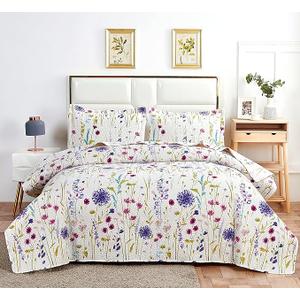 Bedspread Set 3-Piece Lavender Floral Bedding Set Reversible Coverlet Bedspread Queen(90 x 90 Inches), Lilac Flower Botanical Printed Lightweight Quilt Set Bed Cover for All Seasons (Full/ Queen, Purple)