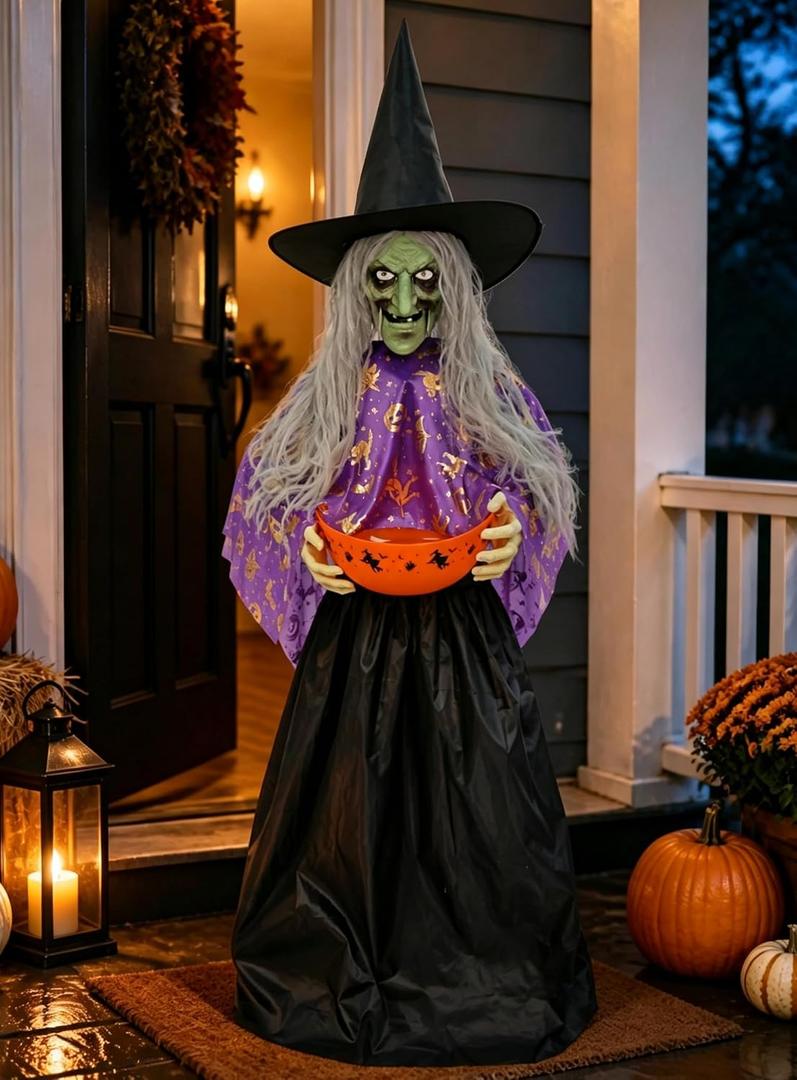 Halloween Witch Animatronic with Candy Bowl, Moving Head & Mouth, Sound