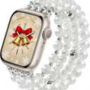 V-MORO Compatible with Apple Watch Band Pearl Series 11/10/9/8/7 42mm 41mm 40mm 38mm Women Fashion Handmade Beaded Elastic Strap Dressy Stretch Bracelet for iwatch SE Series 6/5/4/3/2/1-White/Silver