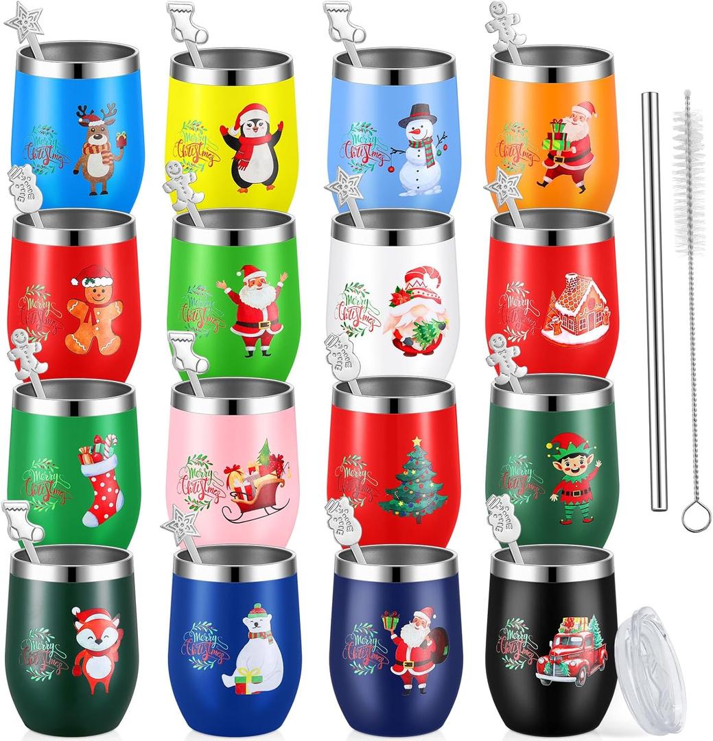 Sliner 16 Pcs Christmas Funny Wine Tumbler Spoon Set 12 Oz Stainless Steel Tumbler with Straw Brush Double Wall Insulated Travel Coffee Mug for Christmas Xmas Party Decorations Holiday Gift (Colorful) (Multicolor)