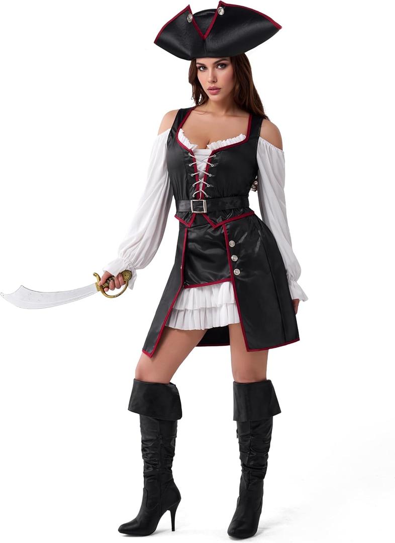Spooktacular Creations Halloween Pirate Costume Dress Women, Renaissance Pirate Wench Outfit for Dress Up Cosplay Parties (Large)
