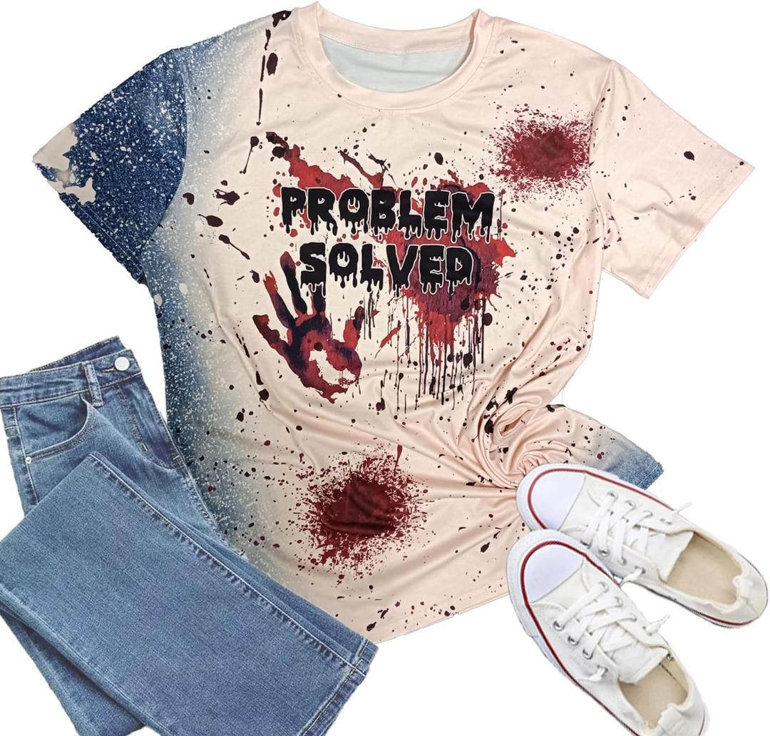 Halloween Shirts for Women Problem Solved T-Shirt Halloween Letter Print Tee Tops (Small)