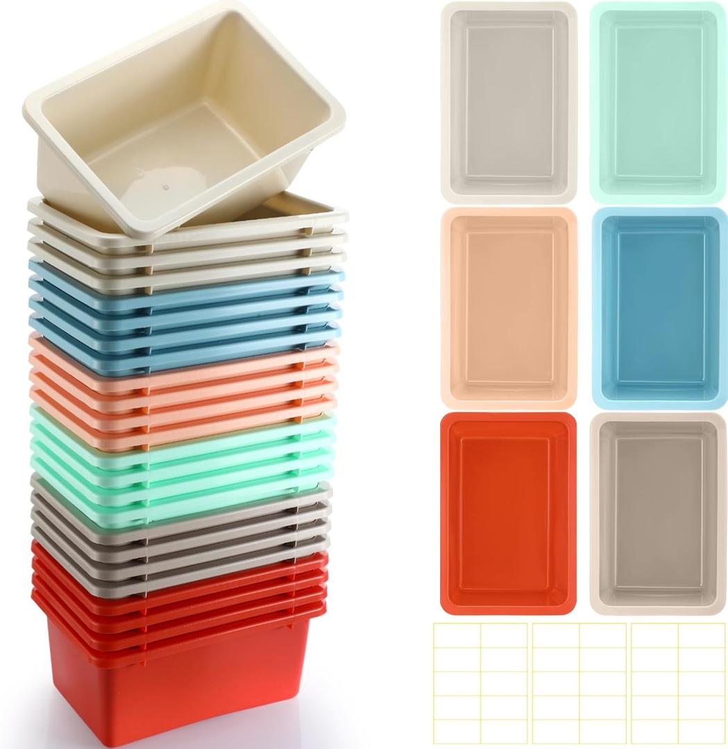Thyle 24 Pieces Cubby Book Bins for Classroom, Classic, Retro Color
with Labels, plastic Stackable Storage bins, Container Organizer Baskets, for School Classroom Office library