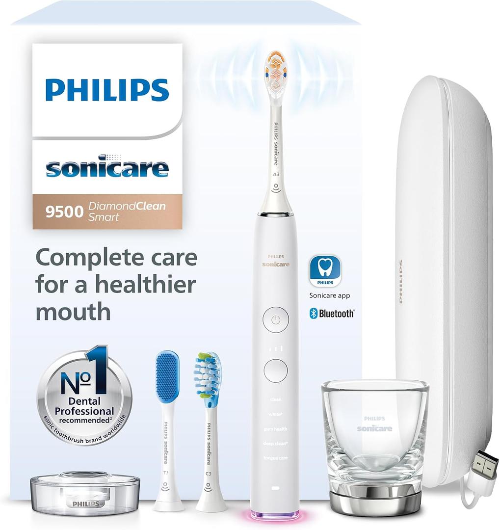 Philips Sonicare DiamondClean Smart 9500 Electric Toothbrush - Sonic Toothbrush with App, Pressure Sensor, 15 Brushing Settings, Replacement Reminder, USB Charging Travel Case, White, Model HX9923/01