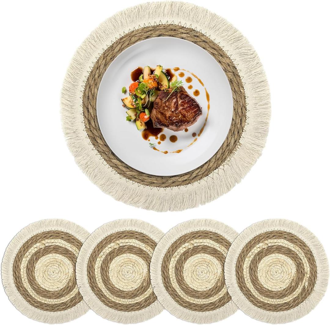 fanquare Boho Round Woven Placemats Set of 4, Rustic Tassels Grass Tablemats, Farmhouse Braided Place Mats Dcor for Kitchen Dining Table, Brown and Beige