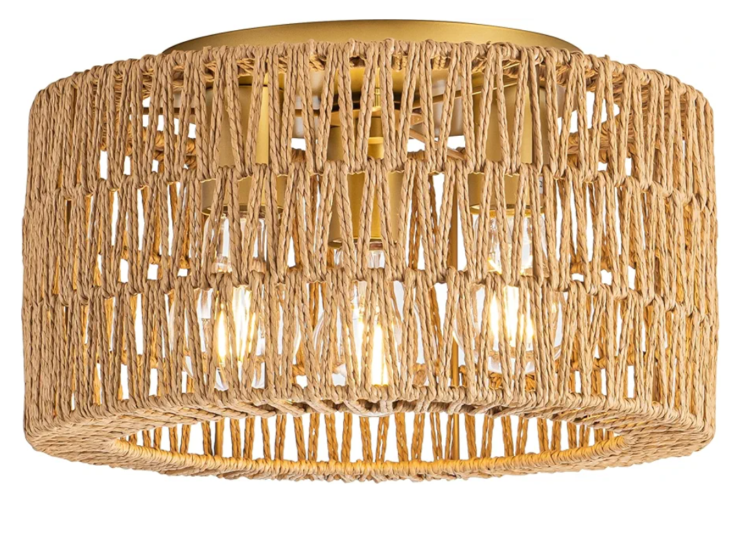 Rattan Ceiling Light Fixture, 3 Light Bohemian Modern Woven Ceiling Light, Boho Flush Mount Ceiling Light for Bedroom Living Room Dining Room, Bulb NOT Included