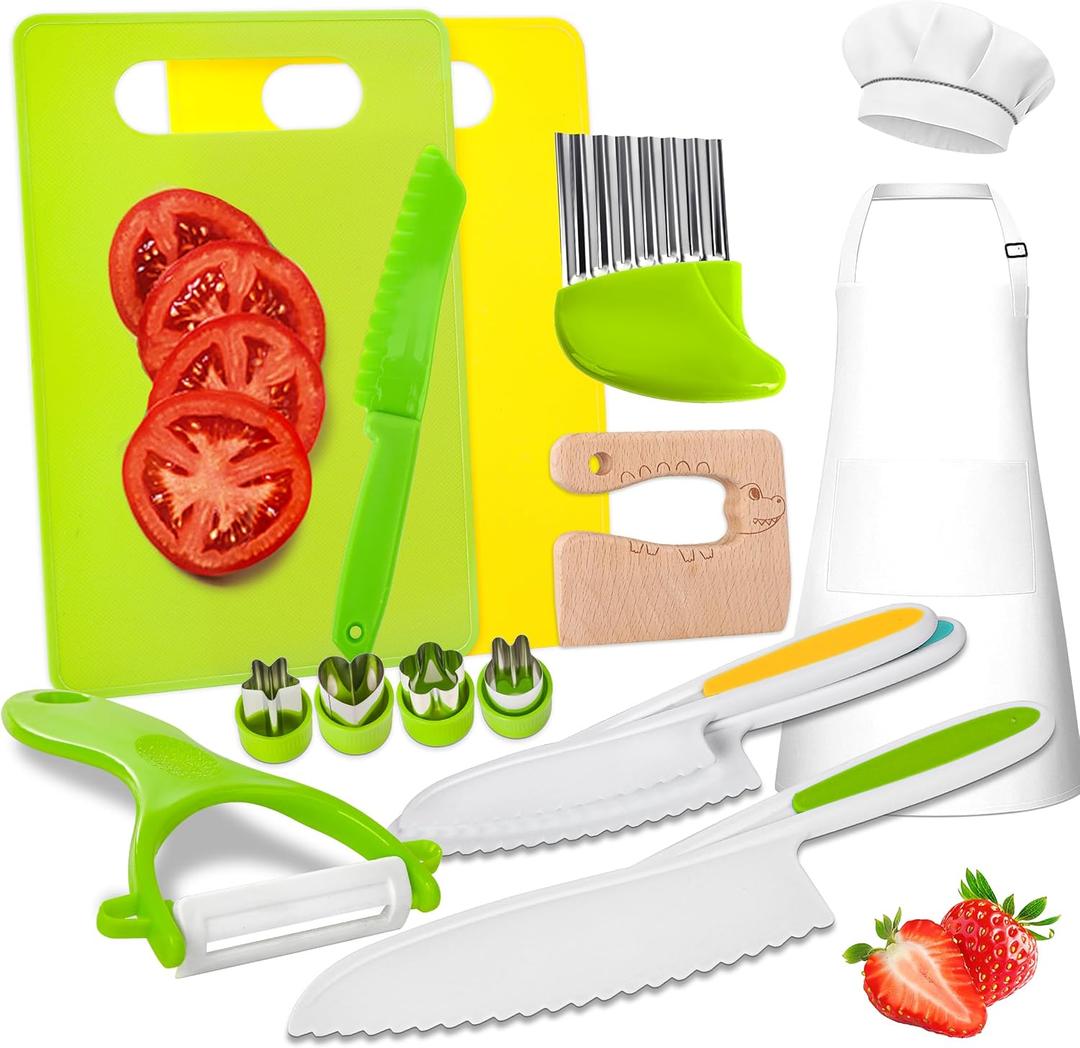 Kids Knife Set for Real Cooking 15 Pieces Montessori Kitchen Toys for Toddlers Children Safe Knives Cooking Cutting Sets Kids Cooking Set Real for Kids Toddler Toys