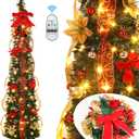 Alupssuc 6.5ft Pop Up Prelit Pencil Artificial Christmas Tree with Remote Control, Pre-Decorated Red&Gold Decorations, Pre-Lit White & Multi-Color Lights, Perfect Choice for Xmas Decoration, 6.5 FT