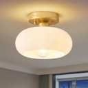 Mid-Century Modern Gold Semi Flush Mount Ceiling Light, Kitchen Ceiling Light Fixture with Glass Shade, Mini White Close to Ceiling Lamp for Entryway Hallway Bathroom (8.66 Inch)