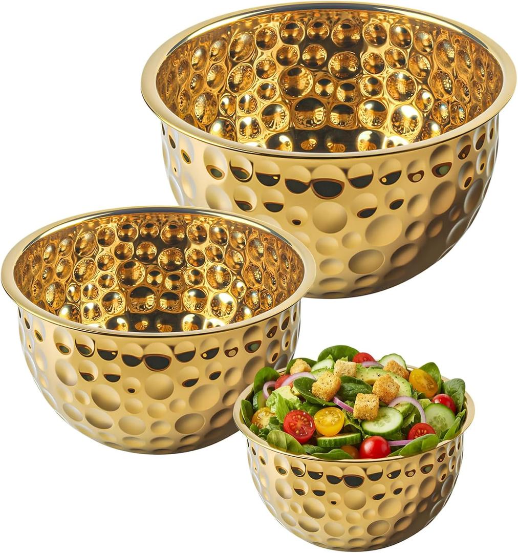 Gold Mixing Bowls Hammered Mixing Bowl Set, Stainless Steel Golden Finish Decorative Serving Bowls for Kitchen, 3 Piece Salad Bowl for Prepping Cooking Baking Serving Gold Serving Bowls for Home Decor