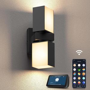 XMCOSY+ Outdoor Wall Lights, 1400LM LED Wall Sconces, Smart RGBW Porch Lights Black Exterior Wall Lighting, WiFi APP Control, Works with Alexa, Adjustable Dual-Head IP65 Waterproof Lanterns (1PK)
