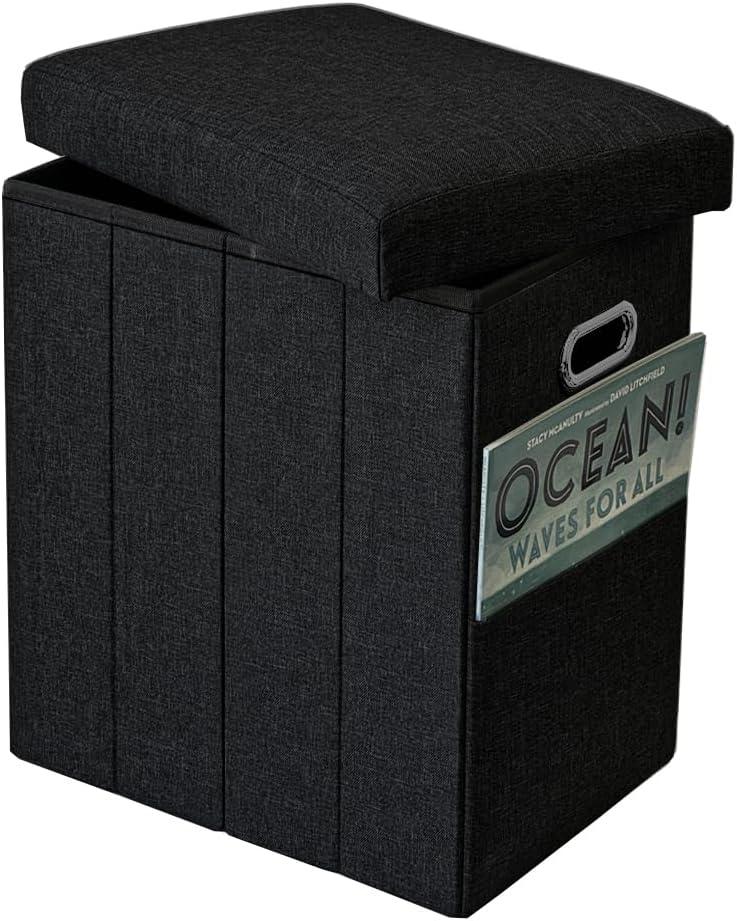 Tall Ottoman with Storage Collapsible Fabric Small Slim Folding Ottoman Furniture with Handles Lid for Room Footrest Foot Stool Linen Black 16.5x16.5x11.8in