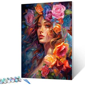 Romantic Pink Rose Paint By Bumbers for Adults Beginner America Girl with Flower Head DIY Paint by Numbers Acrylic Paint Canvas Boho Floral Paintwork Farmhouse Bedroom Decor Kits Gift(16x20 Inch) (Artwork-12)