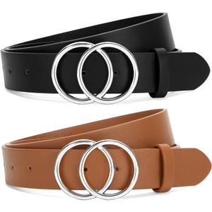 SANSTHS 2 Pack Women Leather Belts Faux Leather Jeans Belt with Double O Ring Buckle, Size: XS: Fit Waist Size 26"-33"