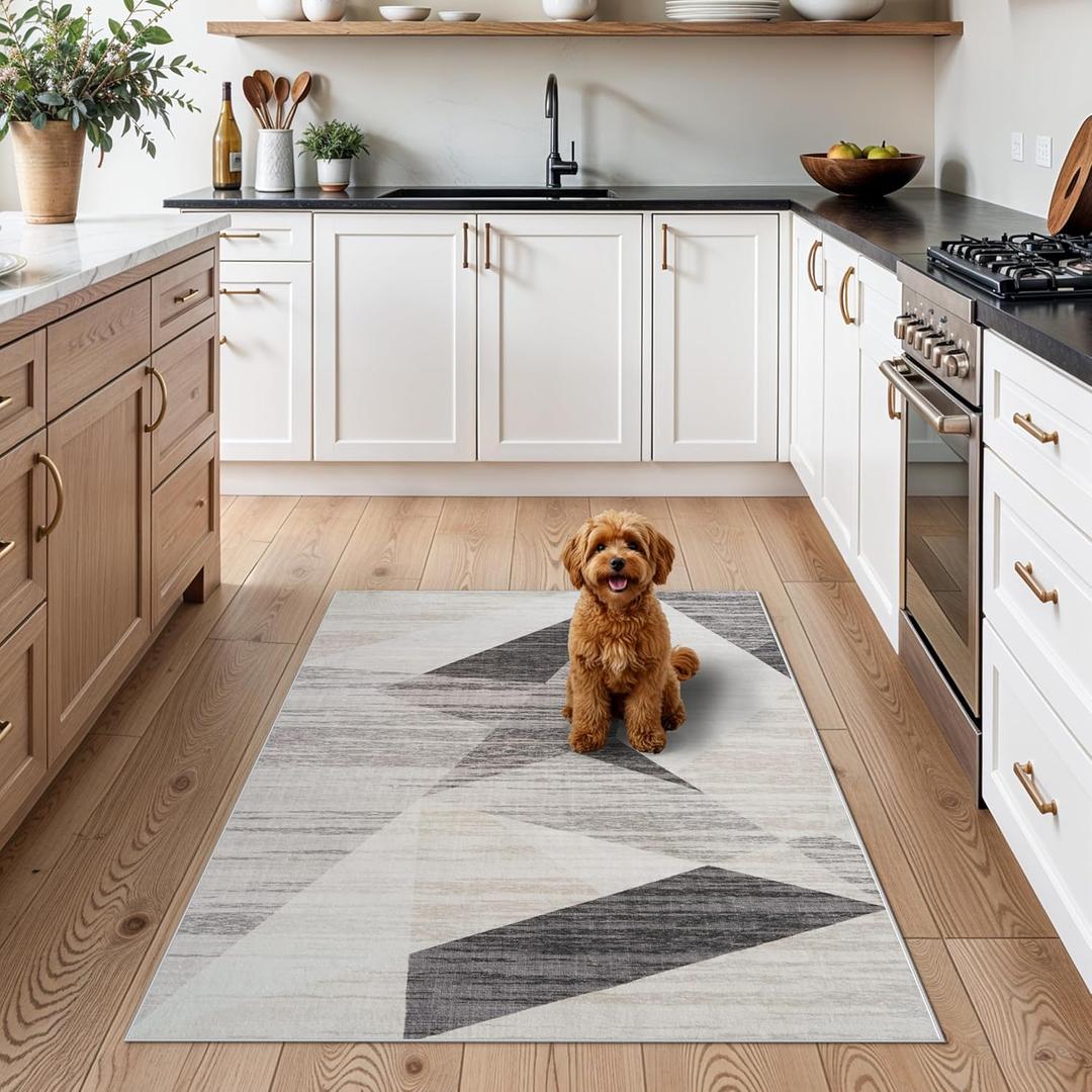 TOPRUUG Modern Entryway 3x4 Rug - Washable Geometric Area Rugs for Kitchen Bathroom Non-Slip Ultra-Thin Indoor Door Mat Indoor Entrance - Stain Resistant Small Throw Carpet (Grey Cream Beige, 3X4)