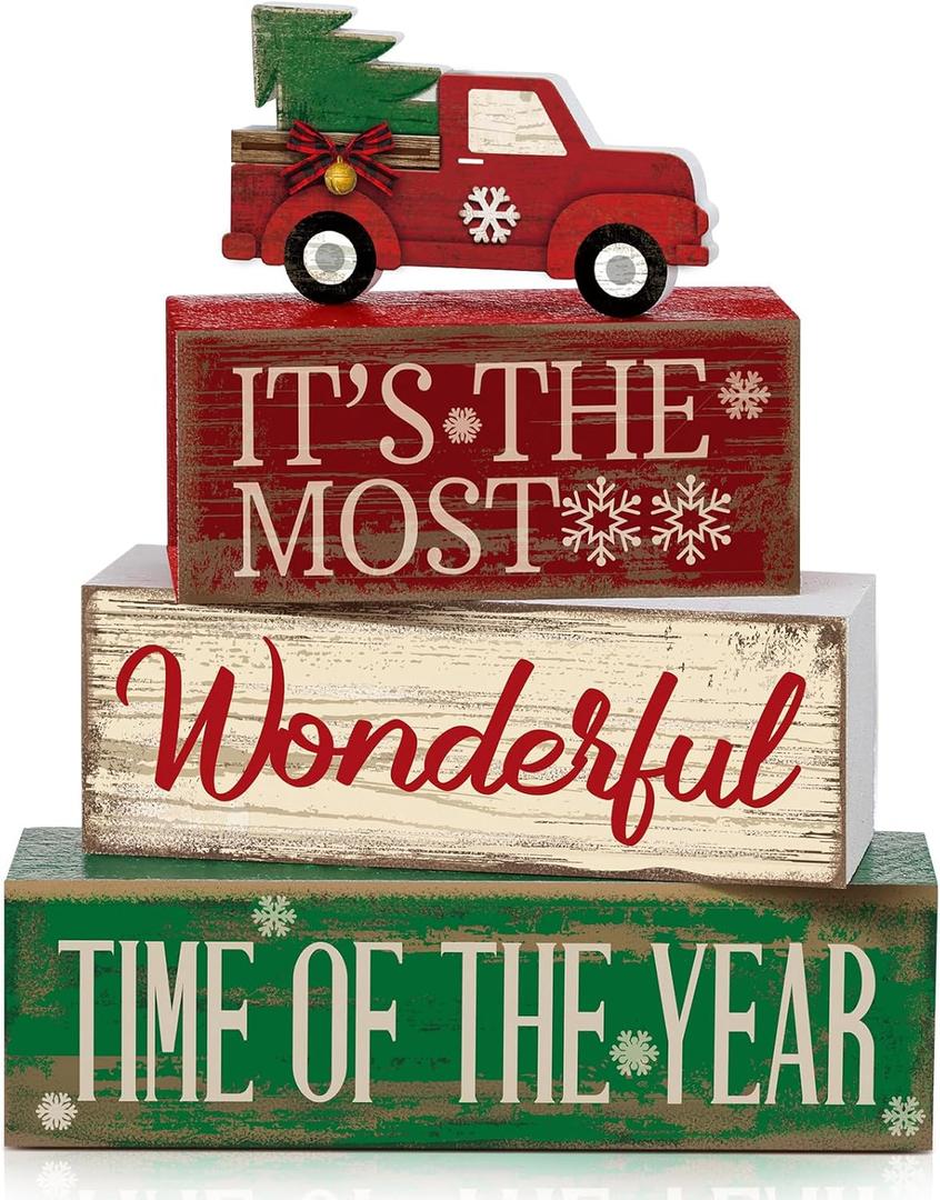Moucuny 4 Pcs Christmas Decor Wooden Red Truck Winter Tiered Tray Decor Rustic Merry Christmas Table Centerpiece Wood Red Truck Block Sign Gift Farmhouse for Home Kitchen Tabletop Office Shelf