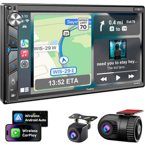 Double Din Car Stereo with Dash Cam - Voice Control Carplay, Android Auto, Steering Wheel Controls, 7" HD Touchscreen, Backup Camera, Bluetooth, Mirror Link, Subw, USB/TF/AUX, AM/FM Radio Receiver