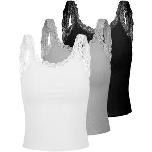 Sintege 3 Pcs Women's Lace Patchwork Tank Top Lace Camisole Tank Sleeveless Cami Crop Lacework Trim Y2k Tops (Medium, Black, White, Gray)