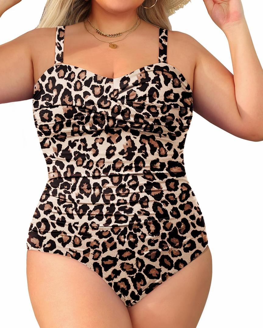Holipick Plus Size One Piece Swimsuit Tummy Control Strapless Bathing Suits Bandeau Slimming Ruched Twist Front Swimwear, Size 18W