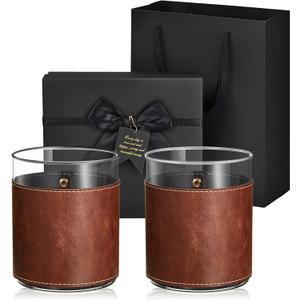 Sabary 2 Sets Leather Rocks Glasses 11.5 oz Leather Wrapped Whiskey Glasses with Gift Box Glass Sleeve Bourbon Glass Gift for Men Father (Brown)