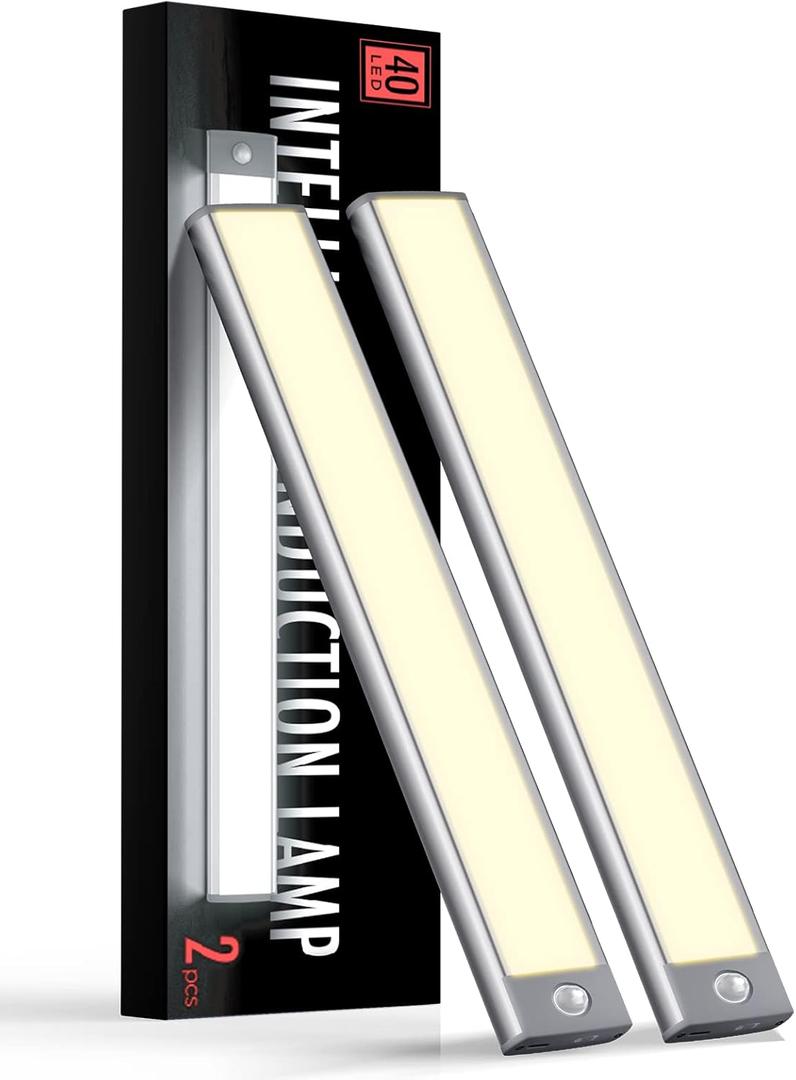 Under Cabinet Lights, Rechargeable battery operated lighting , Wireless Motion Sensor Light indoor,4 Modes Night Light, Stick-On Magnetic Closet Lights for Kitchen, Hallway(2 Pack 40LED warm light) (40LED 9.9inch)