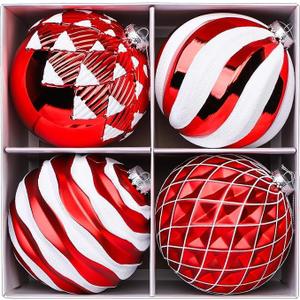Alupssuc 6''/150mm Large Christmas Ball Ornaments, 4Pcs Christmas Tree Decor, Shatterproof Hanging Decorations with Hooks, Red & White Baubles for Xmas Tree, Wedding, Holiday and Party Decor