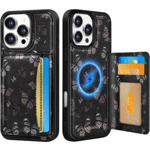 Uppuppy for iPhone 16 Pro Case with Wallet - Fits 4 Card Slots, Compatible with MagSafe for Women Aesthetic Durable Leather Credit Card Holder Kickstand Phone Cover for Apple 16 Pro, Black Butterfly